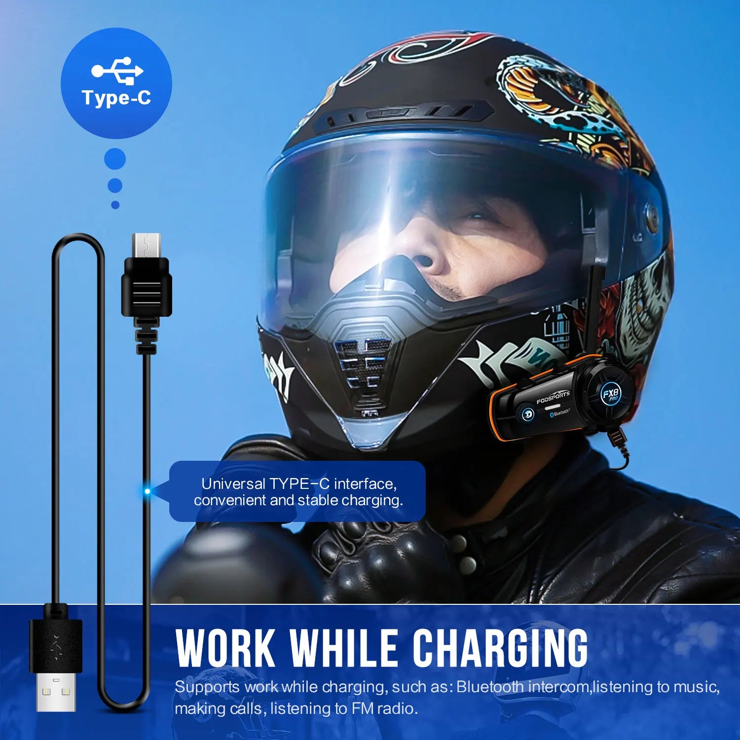 Fodsports FX8 Pro Motorcycle Bluetooth Intercom – 10-Rider Group Communication