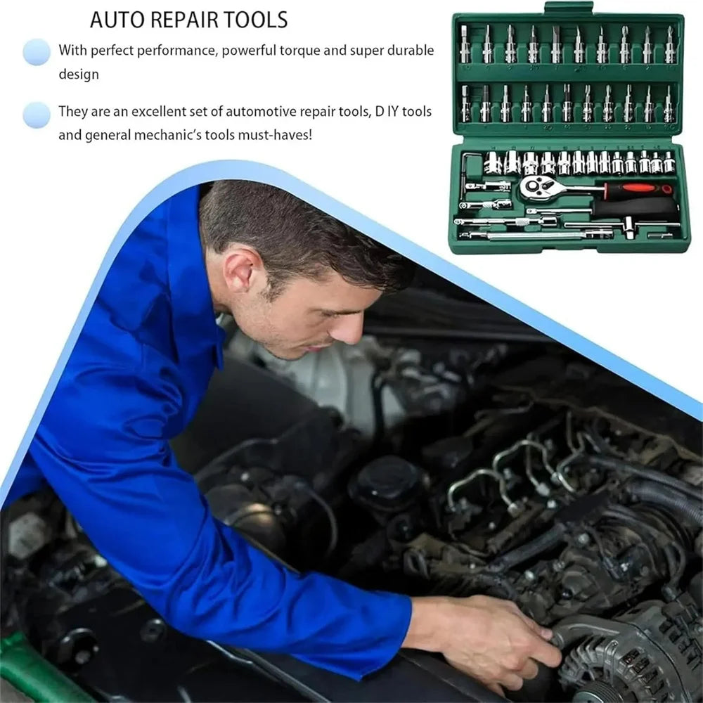 46-Piece 1/4" Drive Socket Ratchet Wrench Set – Chromium Vanadium Steel – Motorcycle / Car / Bicycle Repair – Red / Green / Black – from $27