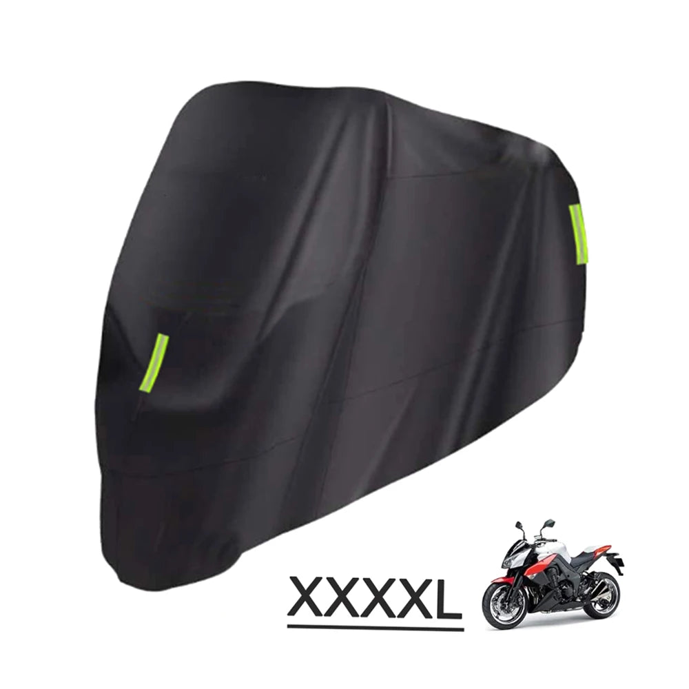 Universal Motorcycle Cover All Season Waterproof Outdoor Protection Against Dust Debris Rain Weather M-XXXXL 210D Oxford Cloth – Black Foldable with Buckle Strap