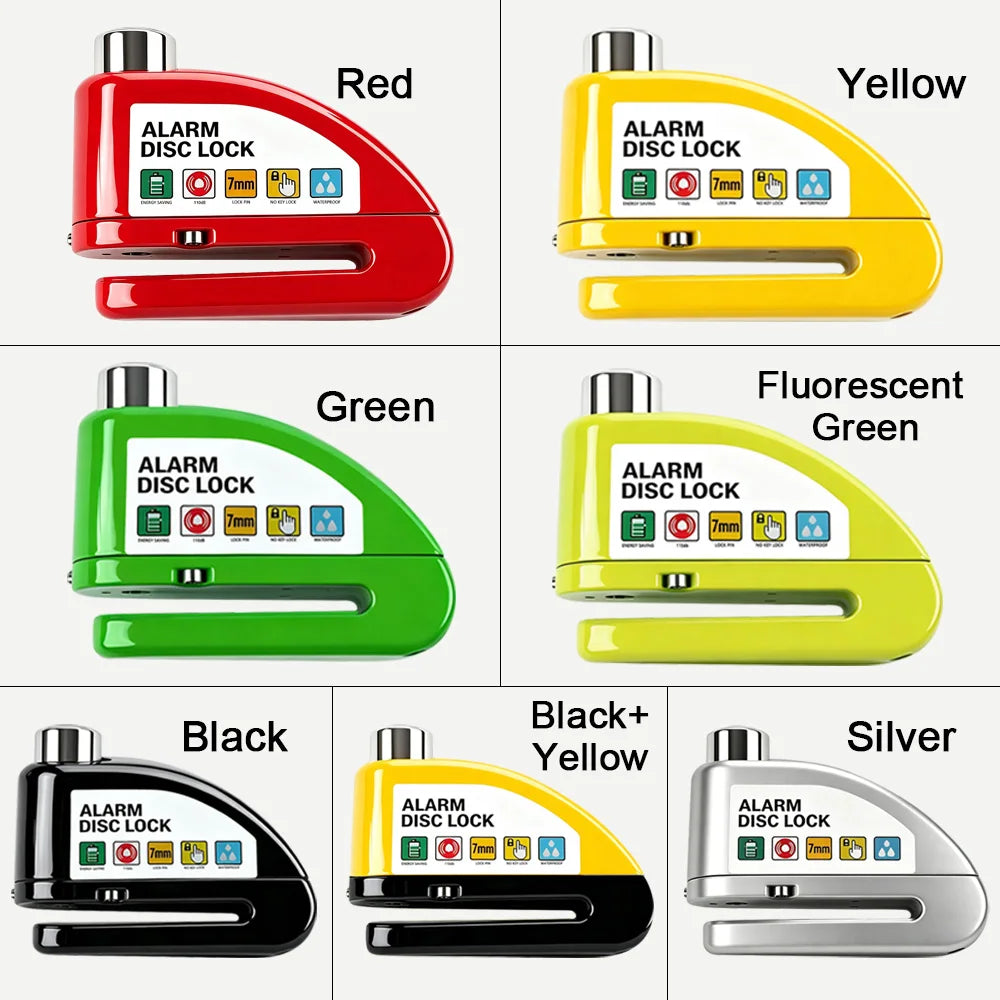 Motorcycle Bicycle Alarm Disc Lock Aluminum Alloy Anti-Theft Safety Padlock Vibration Reminder Security Protection Accessories – 110dB 7mm Hardened Steel 2 Keys Allen Wrench 7 Colors