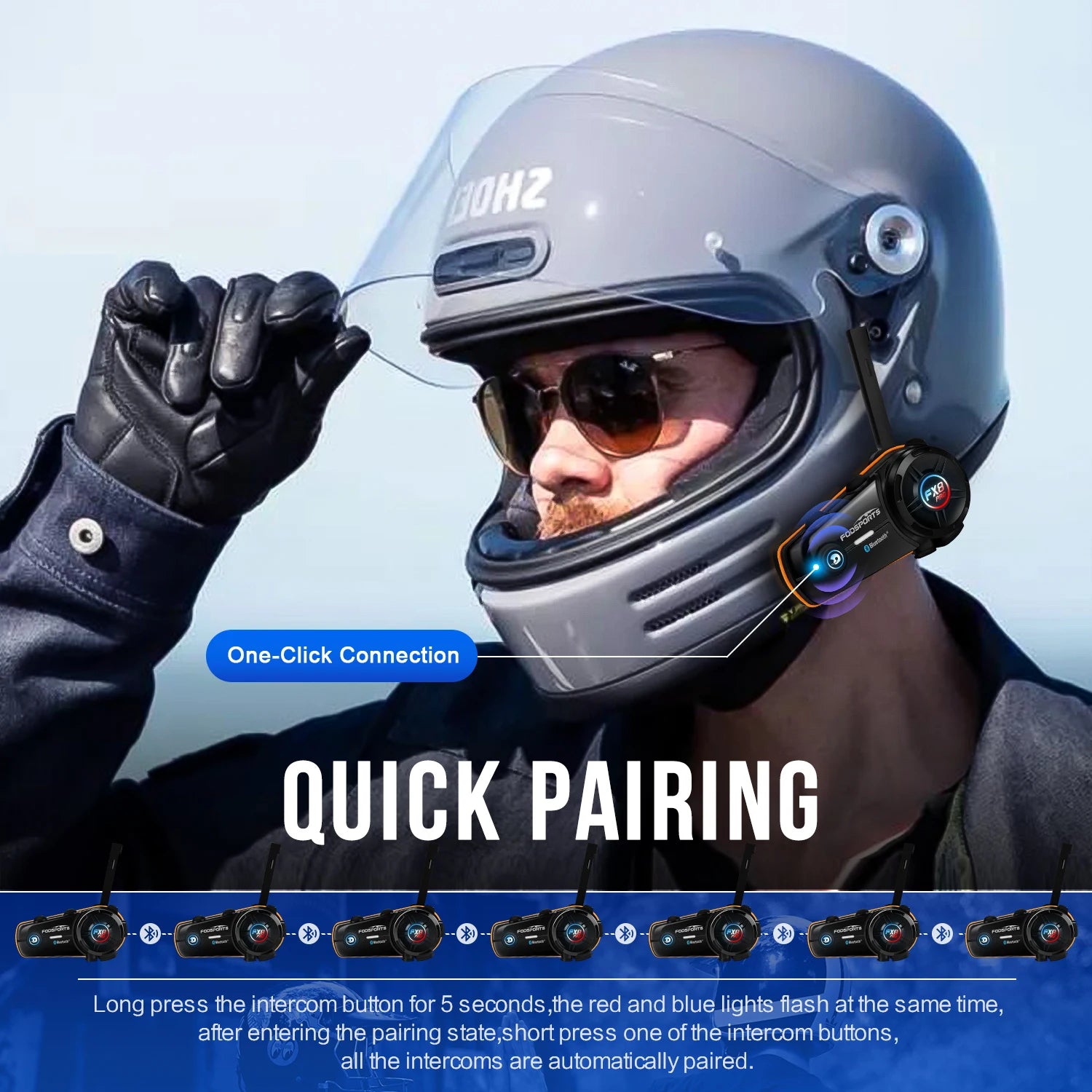 Fodsports FX8 Pro Motorcycle Bluetooth Intercom – 10-Rider Group Communication