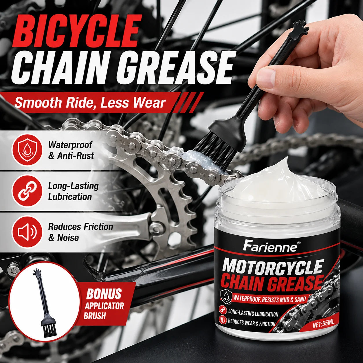 Motorcycle Chain Grease Waterproof Lubricant 55ml with Brush – Bike Chain Car Door Hinge Lock Sunroof Seat Rail – 1PC / 2PCS – $12–16