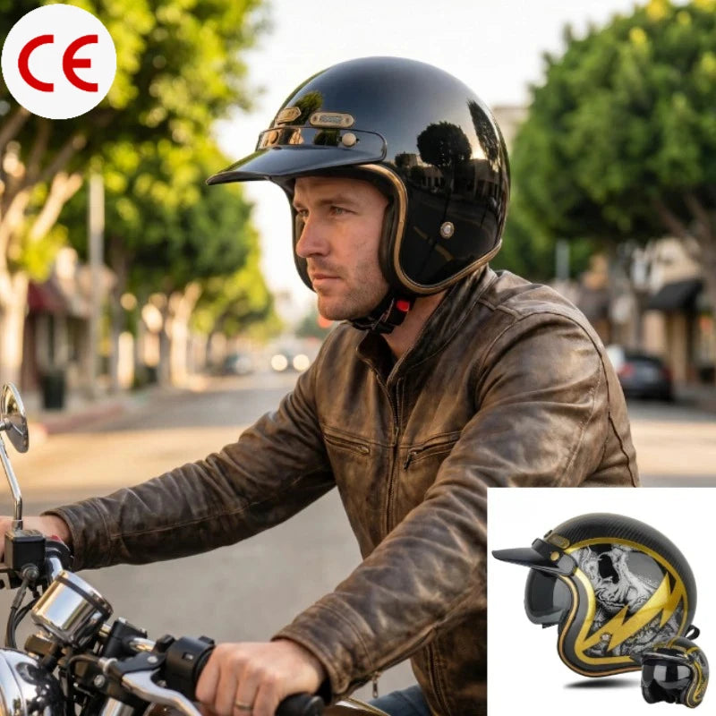 Open Face Helmets – DOT Approved Retro Motorcycle Helmet, Carbon Fiber Style with Visor for Men