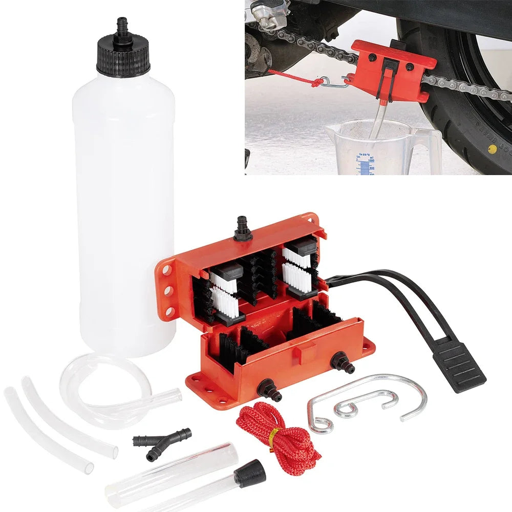 Motorcycle Chain Cleaning & Lube Device Kit – Brush Gear Cleaner & Lubricating Accessory – Blue / Black / Red – $50–52