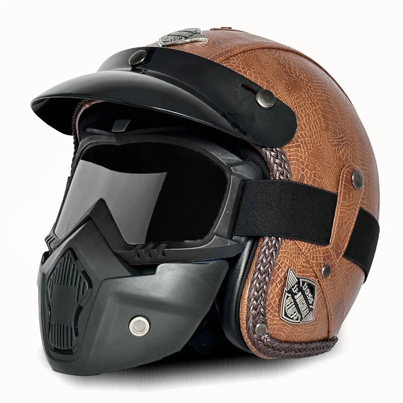 Open Face Helmets – Retro PU Leather Motorcycle Helmet, Vintage Cafe Racer Style, DOT & ECE Certified
