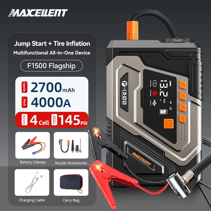 Maxcellent F1500 Flagship 4000A Jump Starter – 145PSI Air Tire Inflator, LED Light & Power Bank for Car, Motorcycle, Diesel & Van