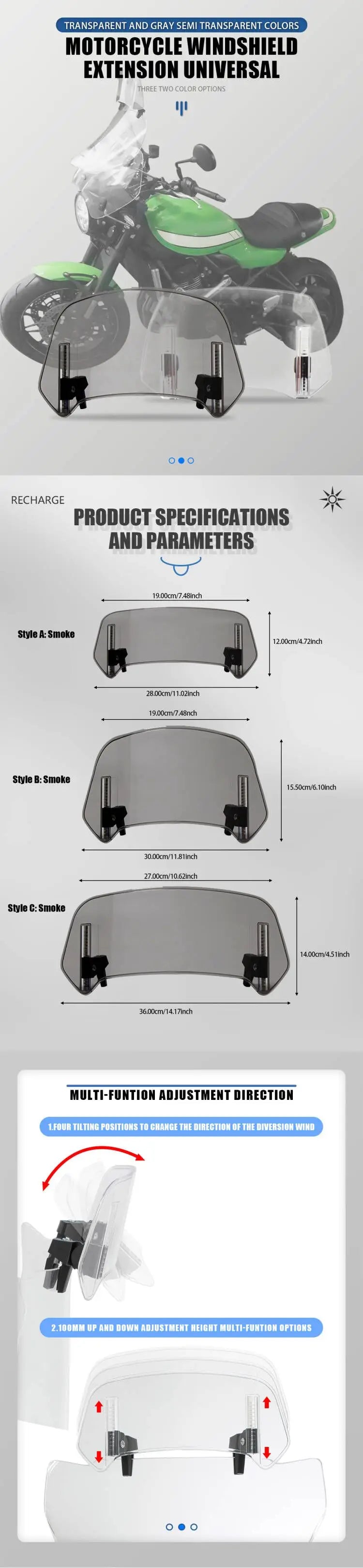 Universal Motorcycle Windshield Extension Adjustable Spoiler Clamp-On Windscreen Deflector Suitable for All Motorcycle Parts – SOYAVISION ABS 280mm 300mm 360mm Grey Clear No Drill
