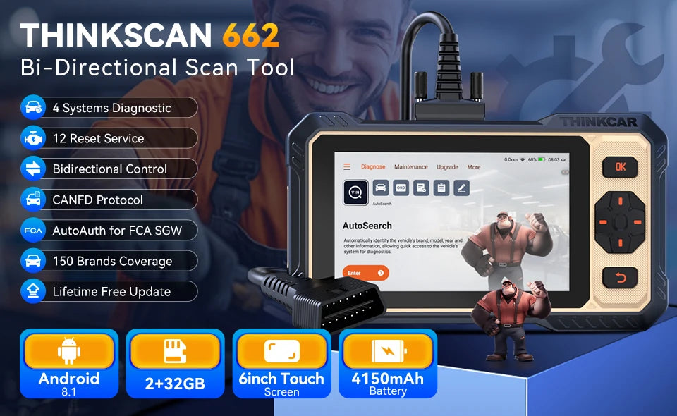 THINKCAR ThinkScan 662 Bi-Directional OBD2 Scanner – 12 Resets + CAN FD + FCA SGW – 153+ Brands – Lifetime Free Update – $300