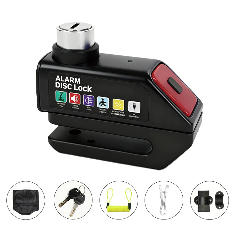 MDUG Motorcycle Alarm Disc Brake Lock 120dB Loud Anti-Theft Security Moto Wheel Disk Padlock Waterproof USB Rechargeable LED Light Bracket – IPX6 – Solo or Set – Blue Red Orange Yellow Black
