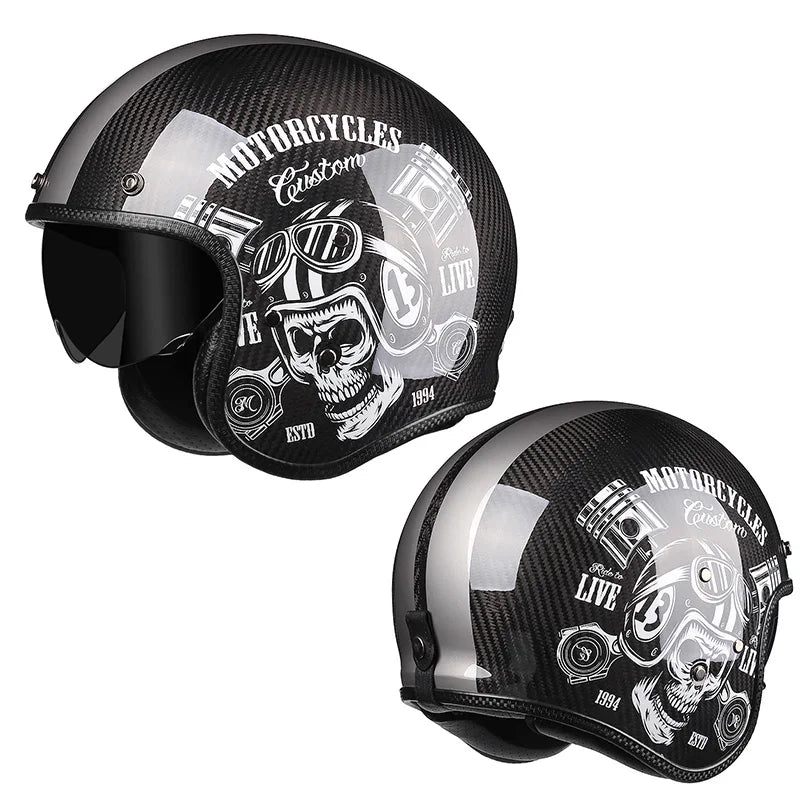 Carbon Fiber Helmets – Genuine Carbon Fiber 3/4 Open Face Motorcycle Helmet, Retro Cafe Racer with Inner Visor