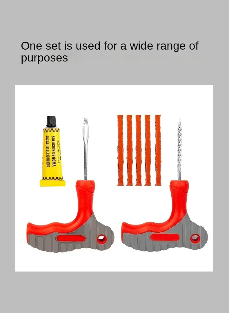 Motorcycle Tubeless Tire Repair Tool Kit – Rubber Strips, Thread Drill, Fork Drill & Glue – Car Truck Vacuum Tyre Puncture Plug Set – $10