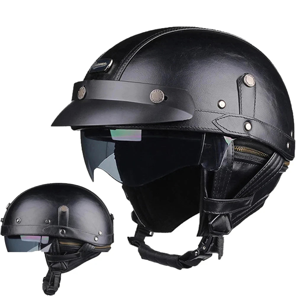 Half Helmets – Retro PU Motorcycle Helmet, Fashionable All-Season Scooter Helmet for Men & Women