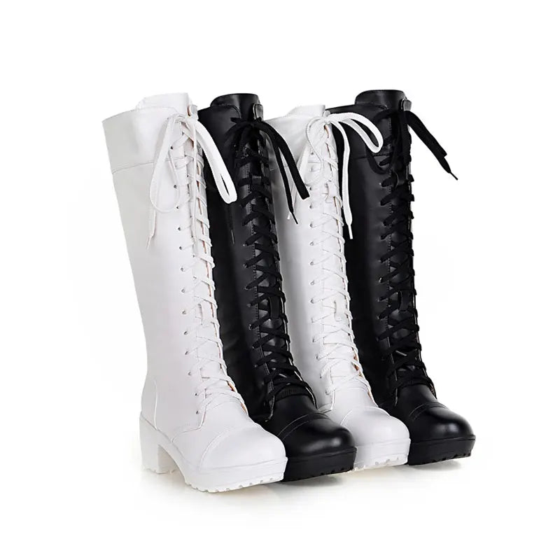 Riding Boots – Women’s Knee-High Motorcycle Boots, Lace-Up Gothic Platform with Side Zipper