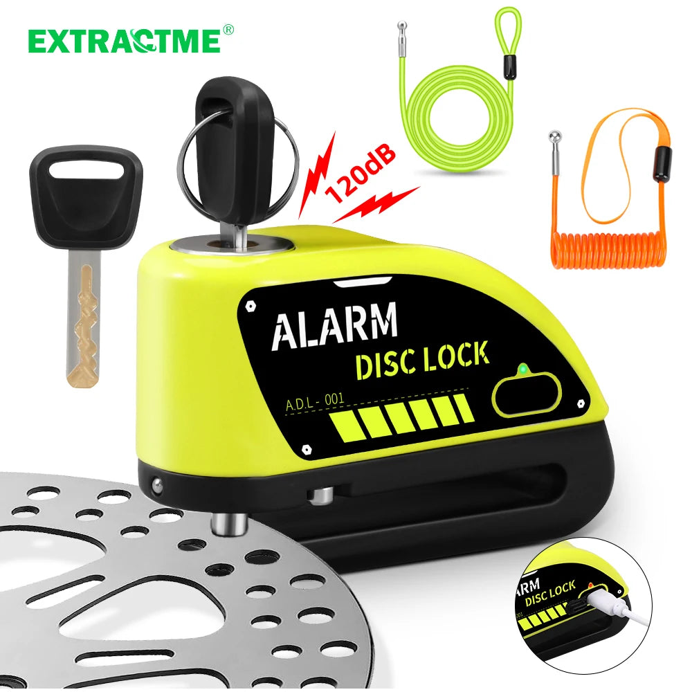 Extractme Motorcycle Alarm Disc Brake Lock 120dB Bicycle Wheel Disk Padlock Security Anti-Theft Lock Scooter – USB-C Rechargeable – 7mm – With or Without Rope – Red Black Blue Green Yellow