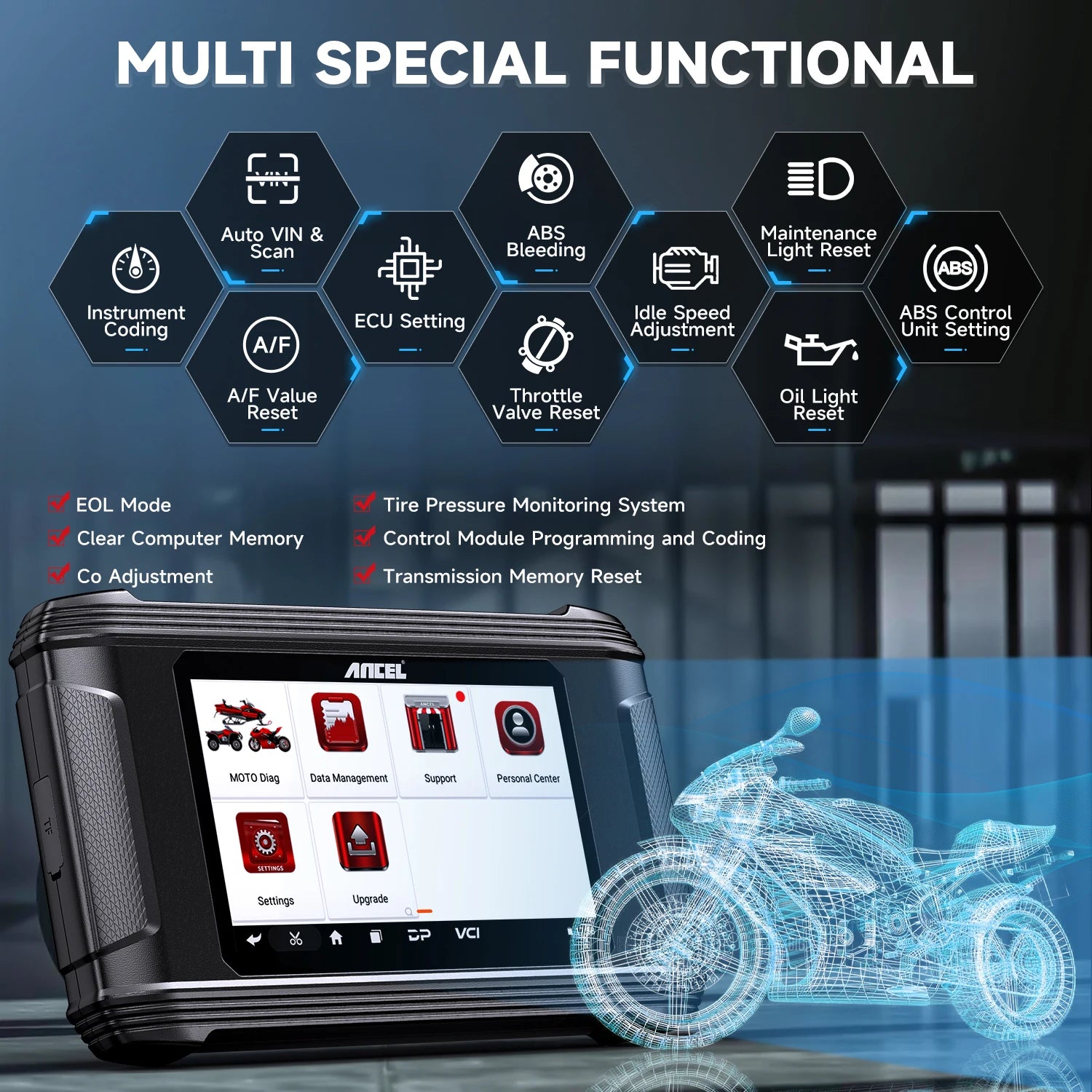 ANCEL MT500 Motorcycle Diagnostic Tablet – US Version – Full System + 30+ Resets + ECU Coding – Harley / Indian / Polaris / BRP + Asian – $1,196