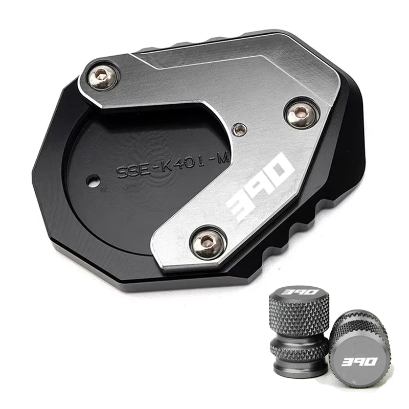 For KTM Duke390 RC390 390 Adventure Duke RC 390 Motorcycle CNC Kickstand Side Stand Enlarge Pad Extension Plate Tire Valve Caps – Aluminum Grey Black Orange Combo 1pcs 2pcs 3pcs