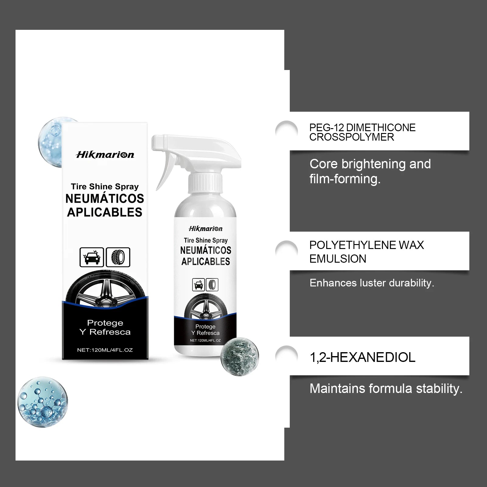 Water-Based Tire Gloss Spray 120ml – Non-Greasy UV Protection Matte to Gloss Finish for Black Tires – 1–10 Bottles – $16–76
