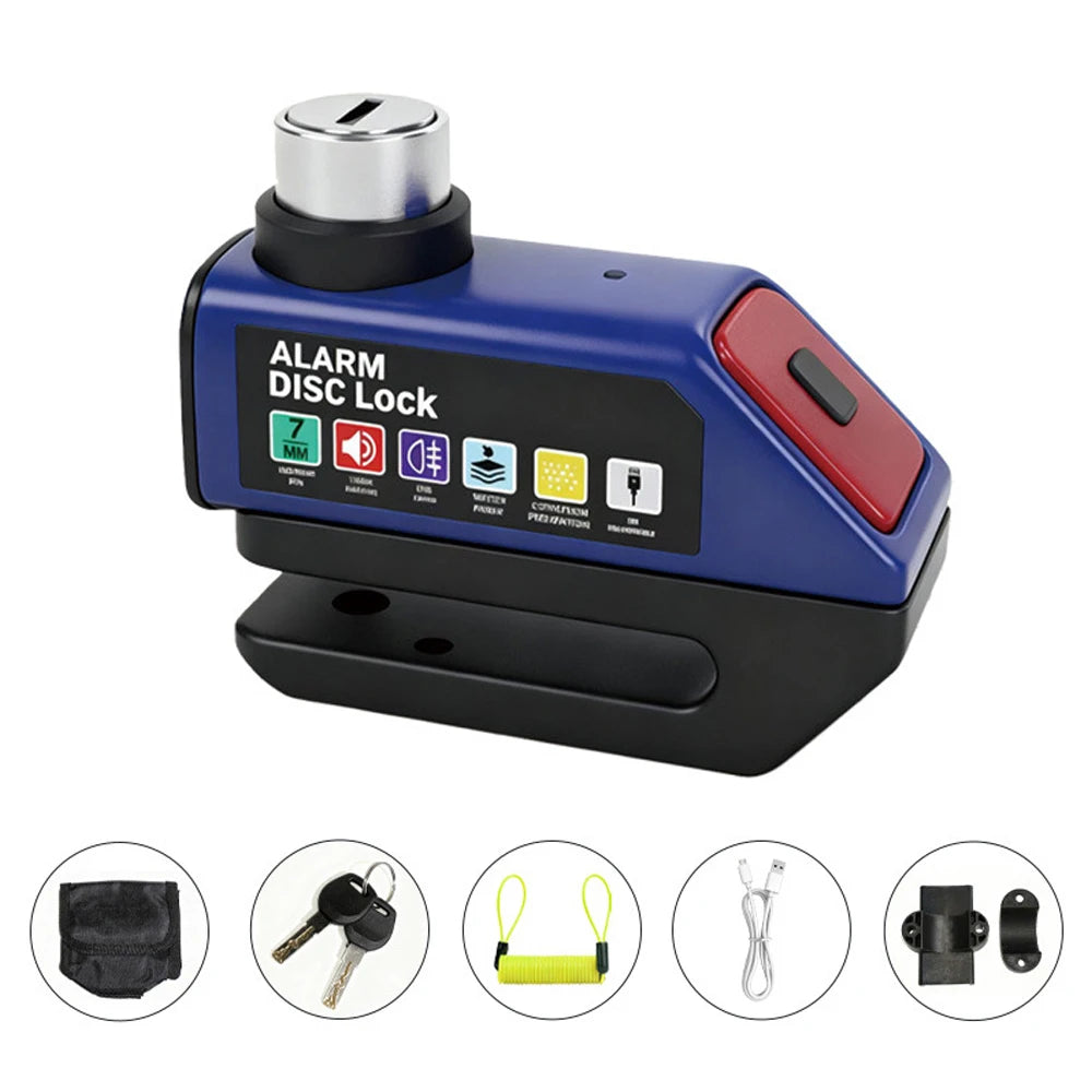 MDUG Motorcycle Alarm Disc Brake Lock 120dB Loud Anti-Theft Security Moto Wheel Disk Padlock Waterproof USB Rechargeable LED Light Bracket – IPX6 – Solo or Set – Blue Red Orange Yellow Black