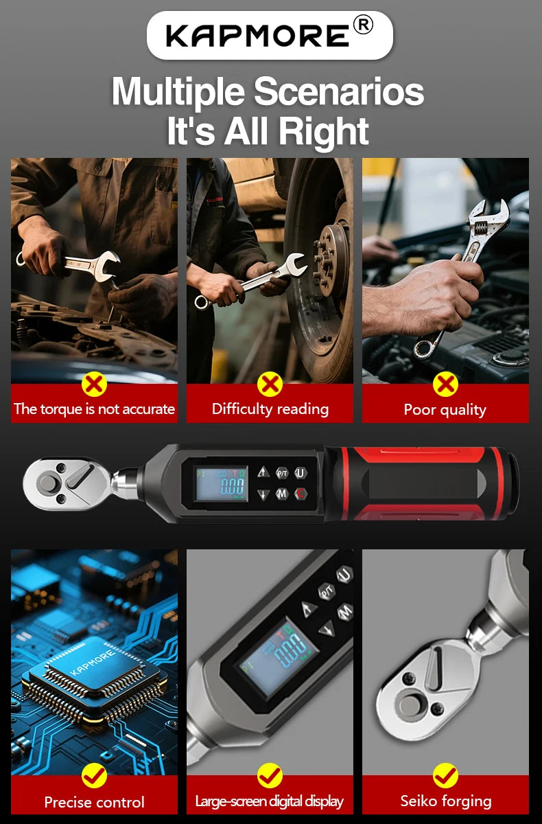 KAPMORE KAP-01 Digital Torque Wrench – ±2% Accuracy – LED + Buzzer Alert – 4 Units (Nm/ft-lb/in-lb/kgf-cm) – 0.15–100 Nm – from $113