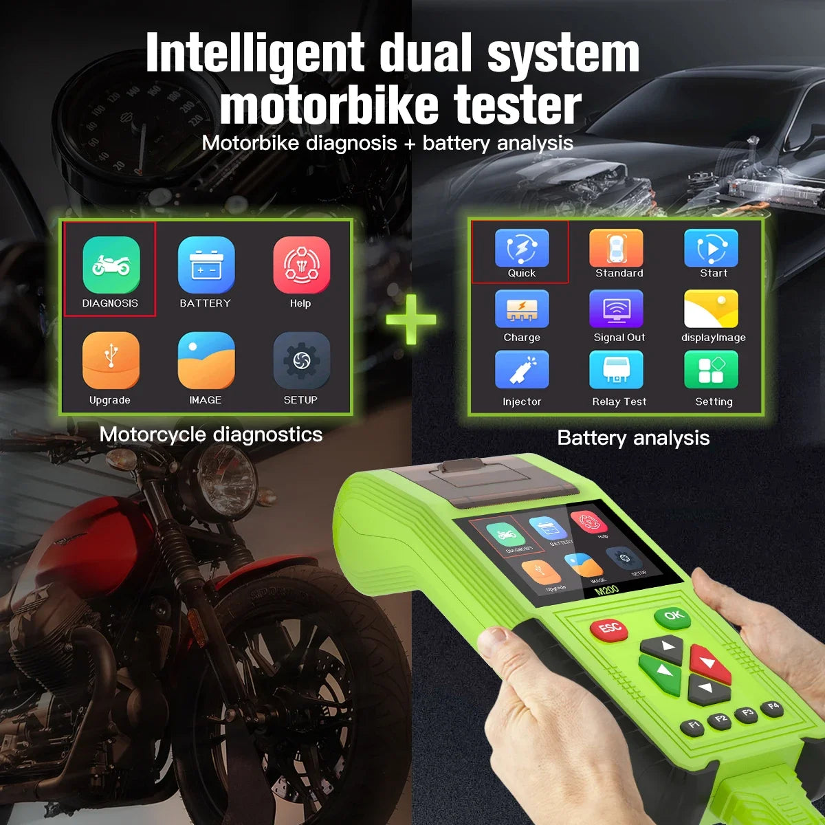 JDiag M200 Professional Motorcycle Diagnostic Scanner – Built-in Printer – 70+ Brands – Signal Simulator – Battery + Injector Test – $235–398