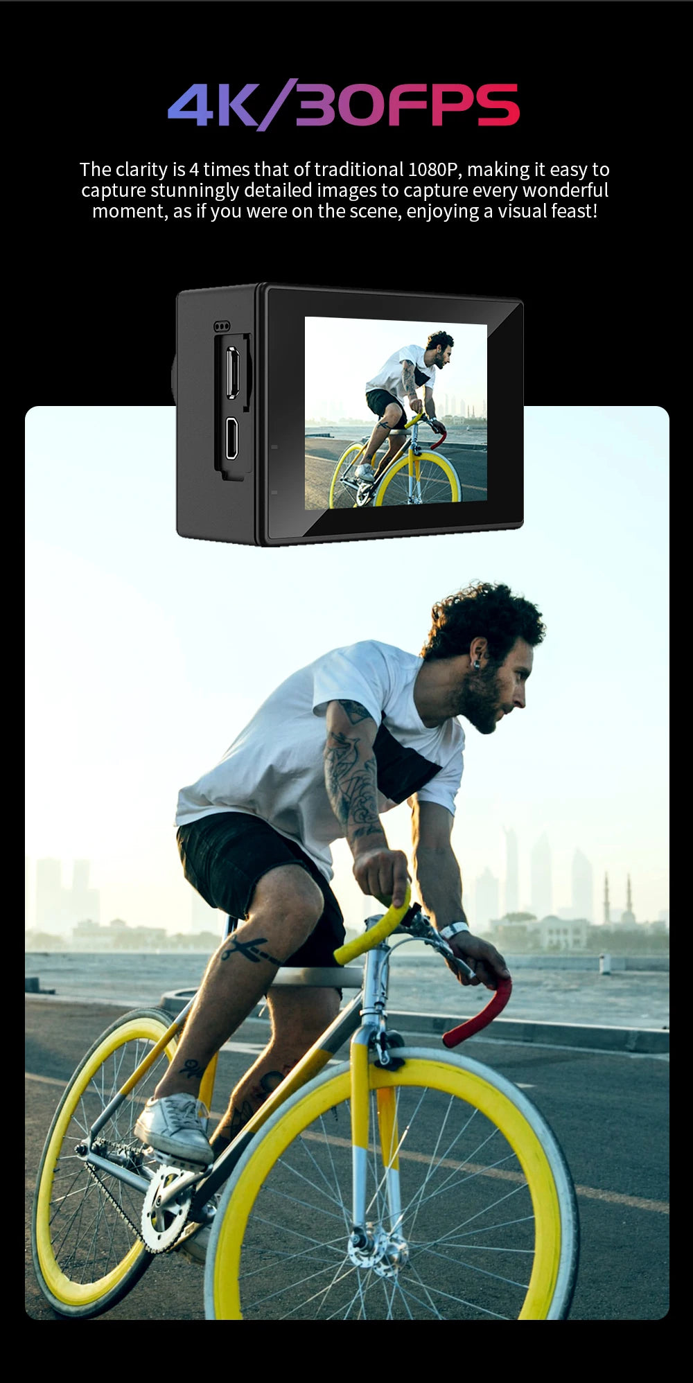 SJCAM SJ4000 Dual Screen 4K 30fps Action Camera 2.0" Rear + 1.3" Front Screen 170° Wide-Angle 30M Waterproof 2.4G WiFi Anti-Shake Car Mode Loop Recording Sports Camera for Motorcycle Bicycle Helmet Diving