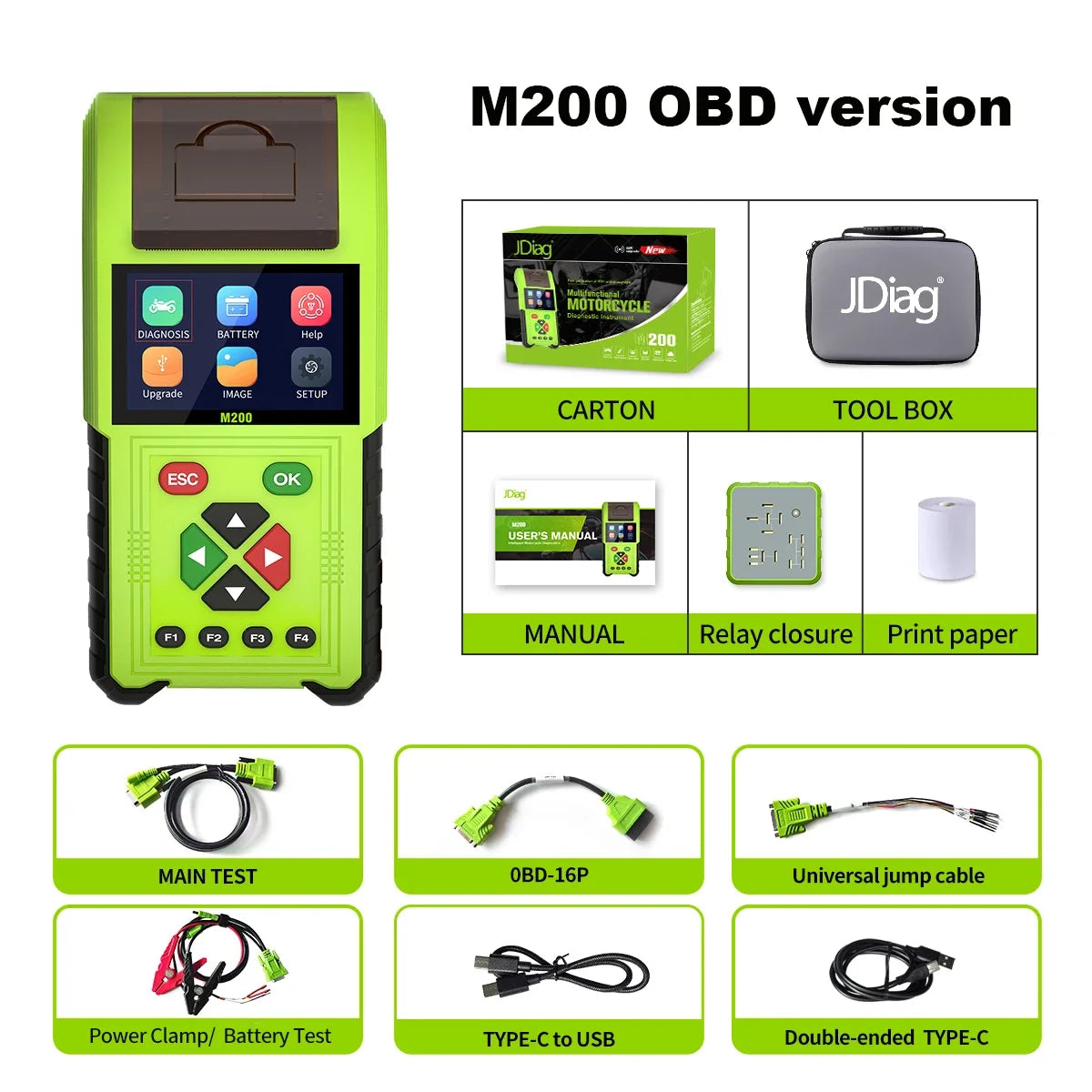 JDiag M200 Professional Motorcycle Diagnostic Scanner – Built-in Printer – 70+ Brands – Signal Simulator – Battery + Injector Test – $235–398