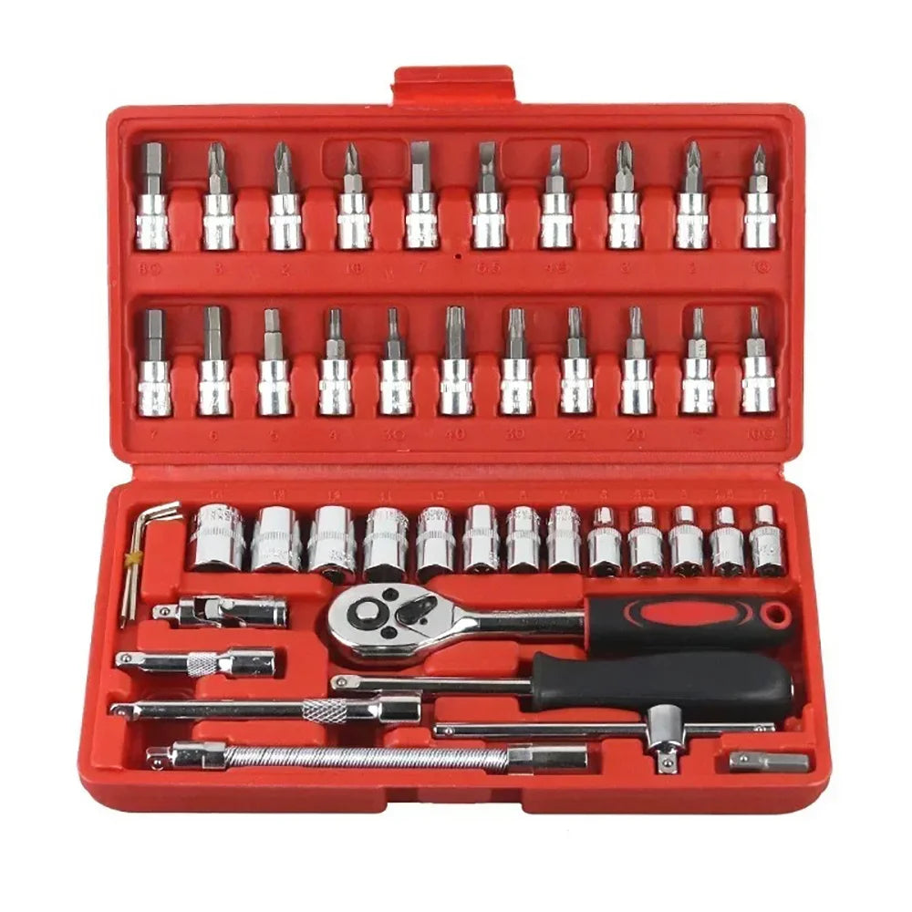 46-Piece 1/4" Drive Socket Ratchet Wrench Set – Chromium Vanadium Steel – Motorcycle / Car / Bicycle Repair – Red / Green / Black – from $27