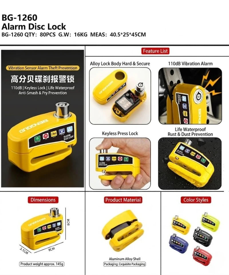 Alarm Disc Lock Anti-Theft 110dB Waterproof Motorcycle Disc Brake Lock Aluminum Alloy with Reminder Cable for Scooter Bike Parts – Vibration Alarm – 0.22kg – Red Yellow Green Black Blue – With or Without Rope