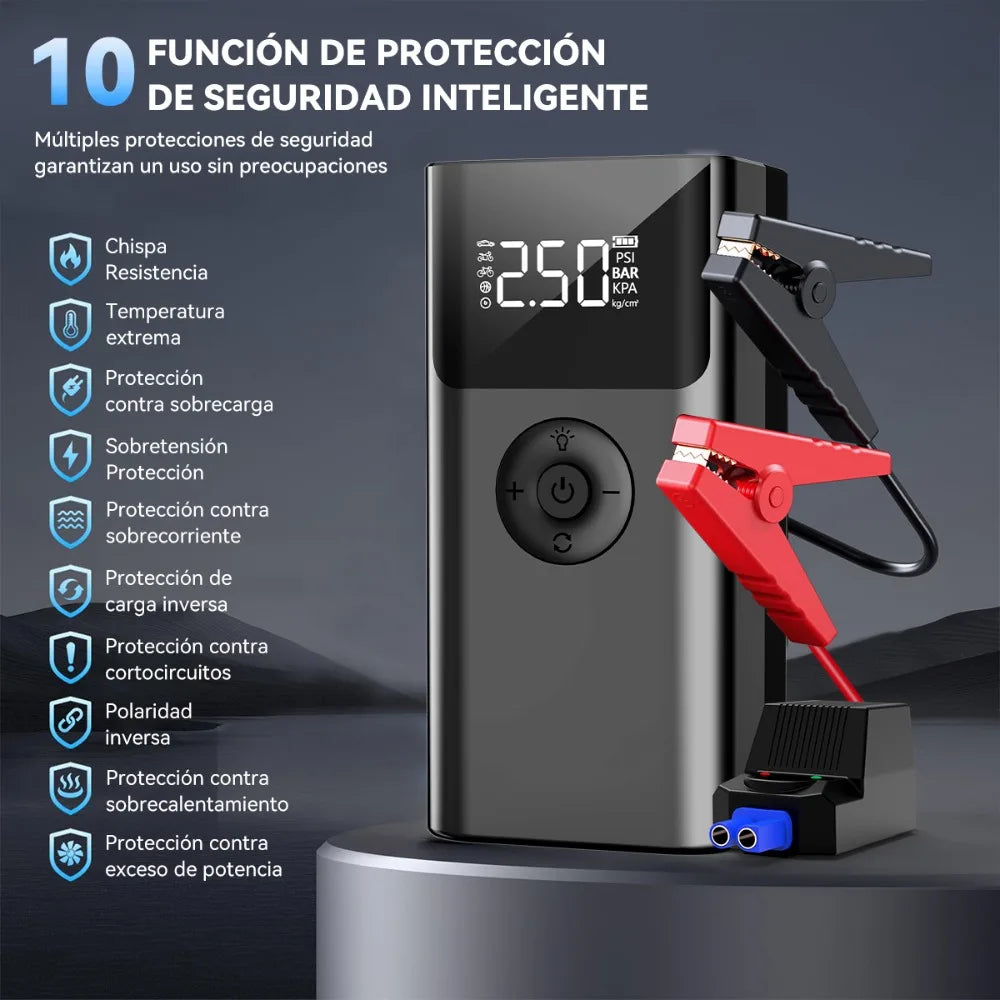 4-in-1 Jump Starter 1000A 12V – Wireless Tire Inflator, LED SOS Light & Power Bank for Car, Motorcycle & Bicycle