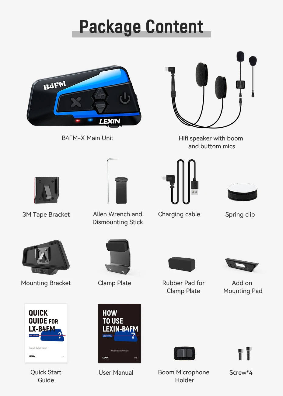 LEXIN B4FM-X Motorcycle Bluetooth Intercom – 10-Rider Music Sharing