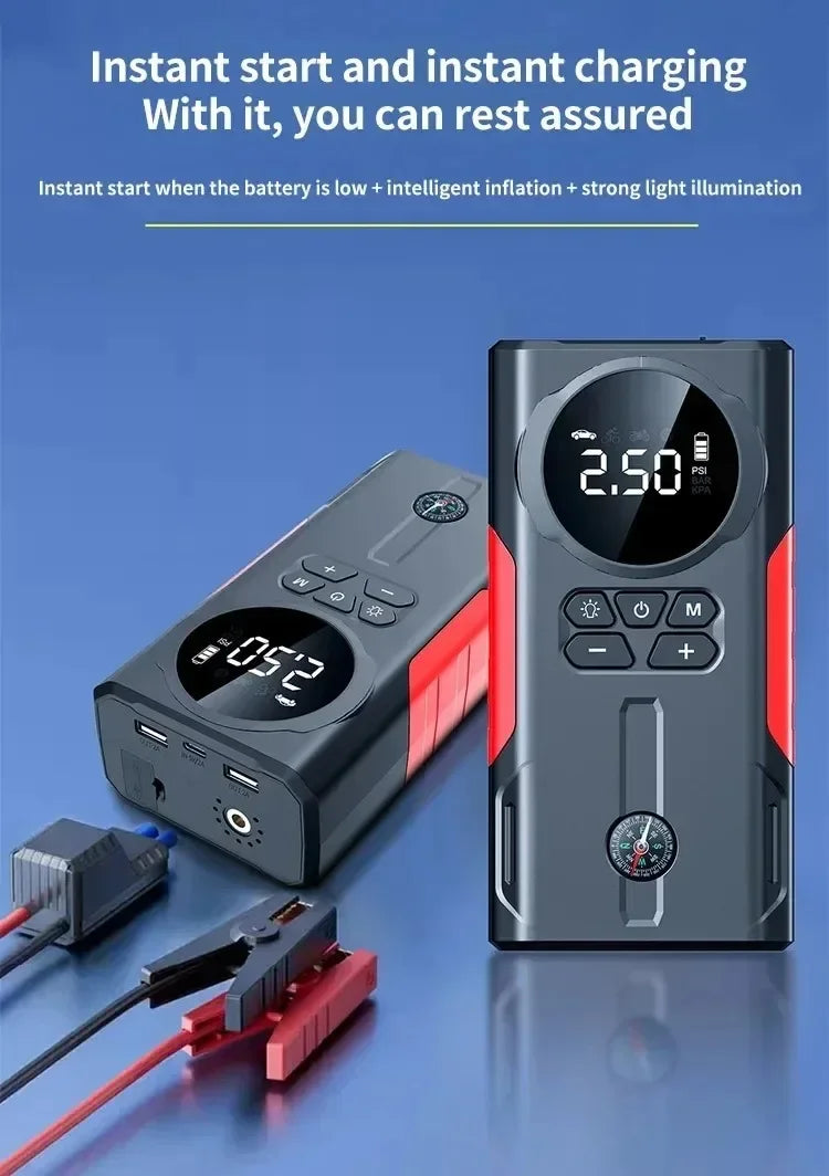 12V Jump Starter & Air Pump – 1800A Multi-Function Tire Inflator, LED SOS Light & Power Bank for Car, Motorcycle & Bicycle