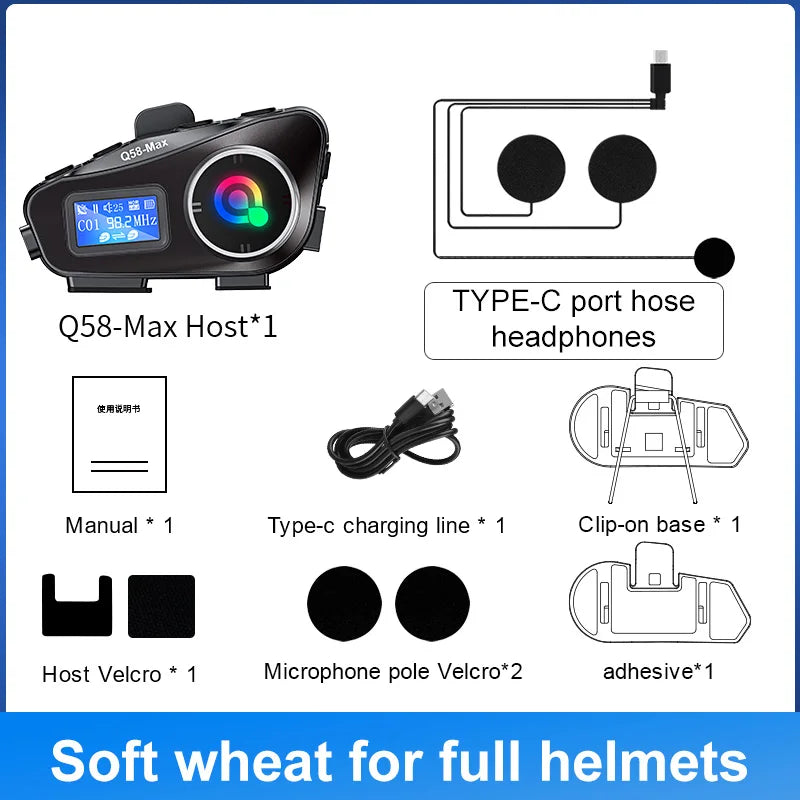 Q58 Max Motorcycle Bluetooth Intercom – 500m Helmet Communication