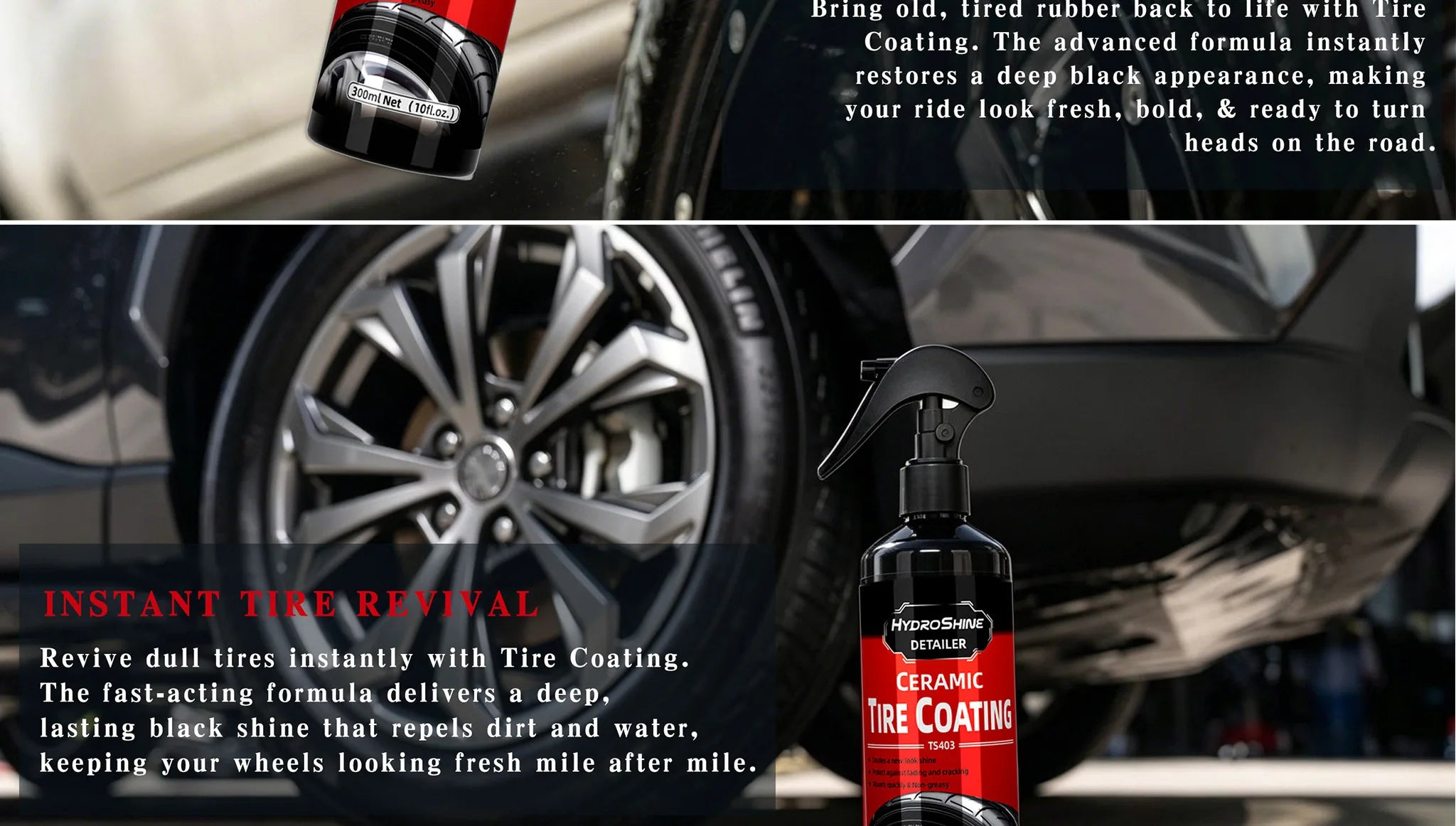 Hydroshine Ceramic Tire Coating Shine Spray – Tyre Gloss Plastic Rubber Restorer Hydrophobic Seal Wax – 50ml / 100ml / 300ml – $16–40