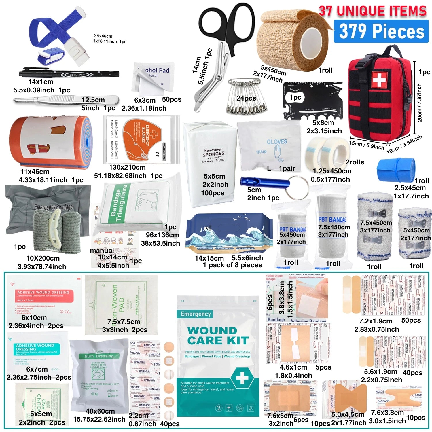 379pcs Home Office First Aid Kit Portable Emergency Bag, Red Survival Carry-On for Outdoor Activities, Camping, Hunting, Hiking