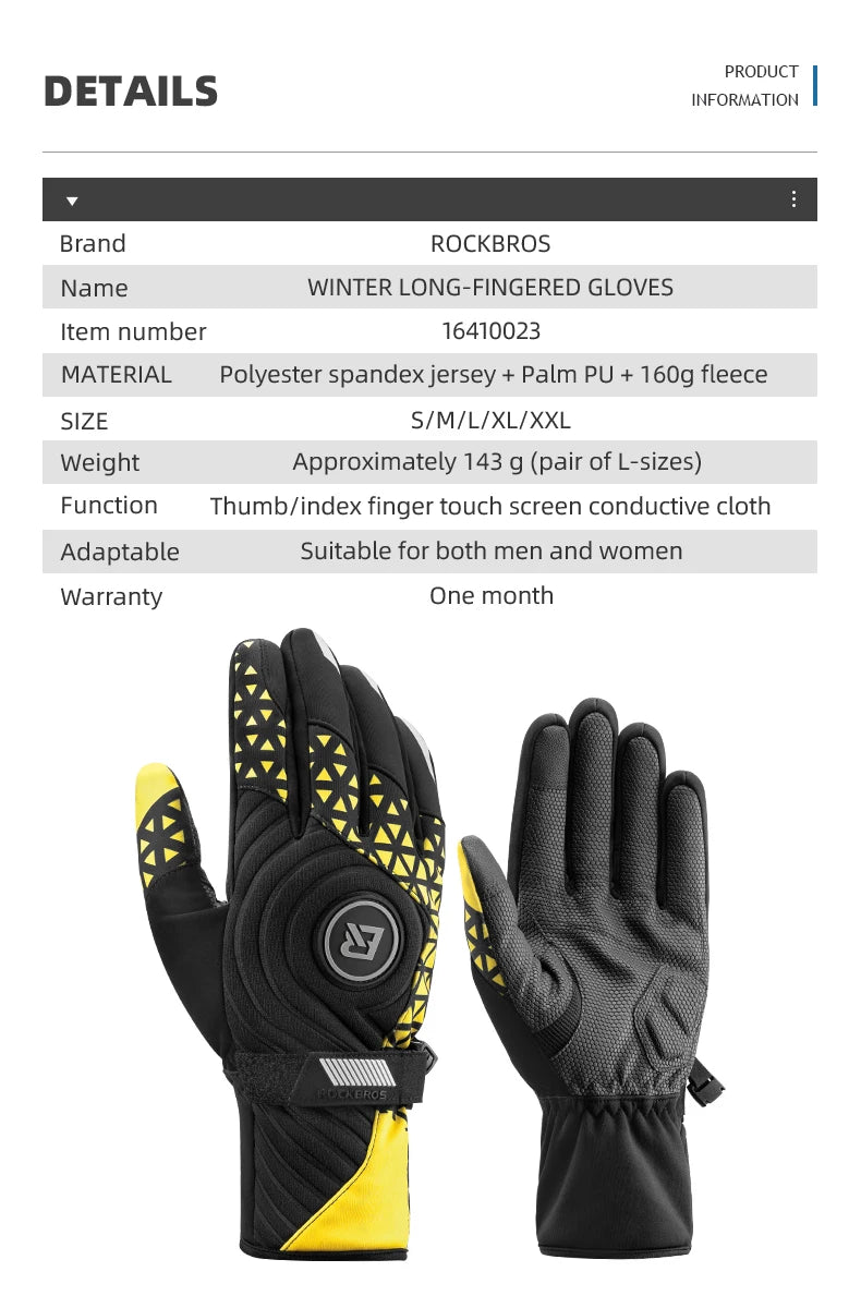 ROCKBROS Winter Warm Bike Gloves Touch Screen Windproof Thermal Motor Bicycle Gloves Men Women SBR Pad Shockproof Cycling Gloves