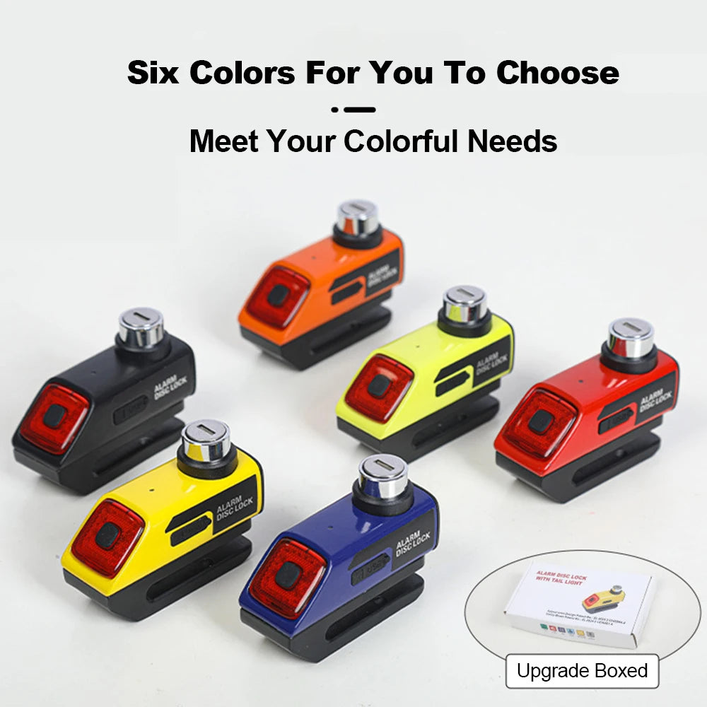 MDUG Motorcycle Alarm Disc Brake Lock 120dB Loud Anti-Theft Security Moto Wheel Disk Padlock Waterproof USB Rechargeable LED Light Bracket – IPX6 – Solo or Set – Blue Red Orange Yellow Black