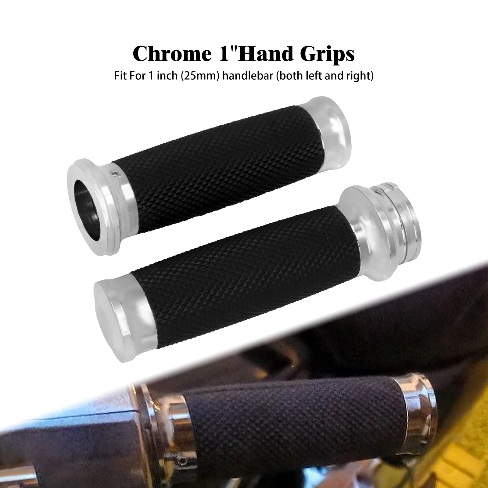 REWMTER Harley-Davidson Motorcycle Handlebar Grips 1" 25mm Aluminum Rubber Lining Hand Grips for Harley Sportster XL 883 1200 XR Touring Road King Dyna Softail V-Rod VRSC – Black / Chrome (1 Pair)