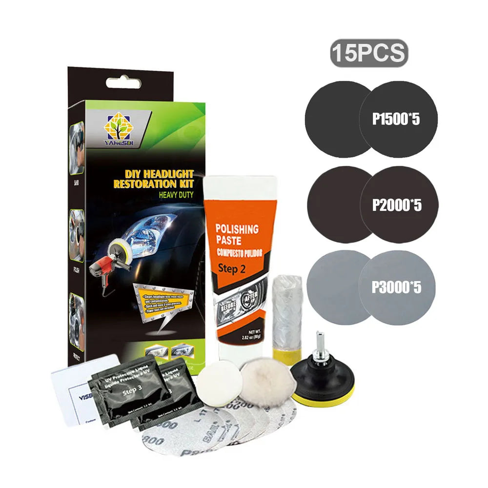 Professional Car & Motorcycle Headlight Restoration Kit – Wet Sand + Polish + UV Protect – Removes Yellowing Scratches – Car / Motorcycle / ATV – 24 Set Options – $40