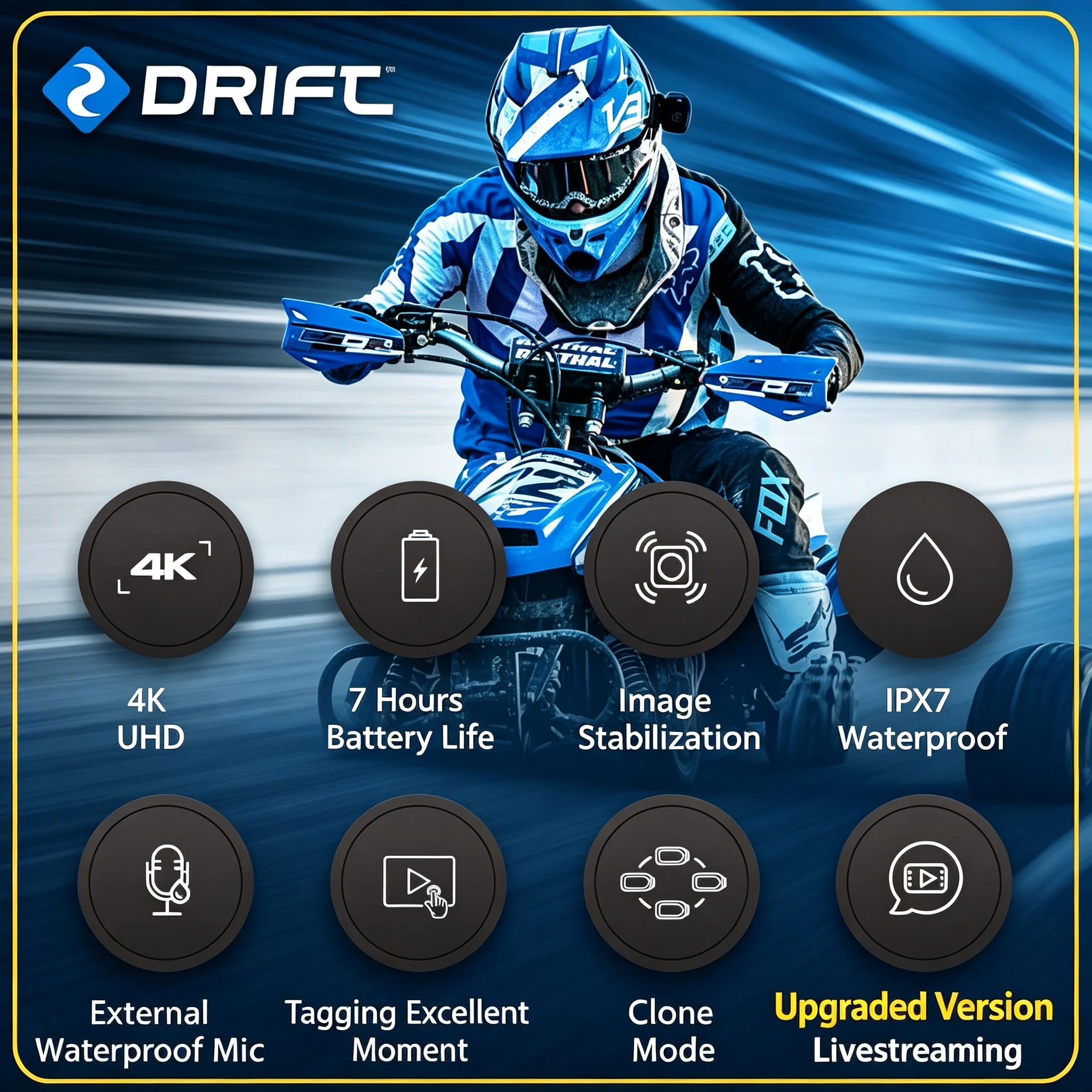 Drift XL PRO 4K WiFi IPX7 Waterproof Motorcycle Camera Helmet Cam 140° Wide Angle Live Stream Vlog Action Motorcycle Dash Cam DVR for Motorcycle Bicycle Bike Outdoor