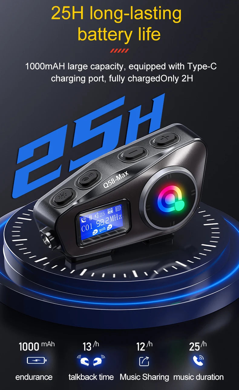 Q58 Max Motorcycle Bluetooth Intercom – 500m Helmet Communication