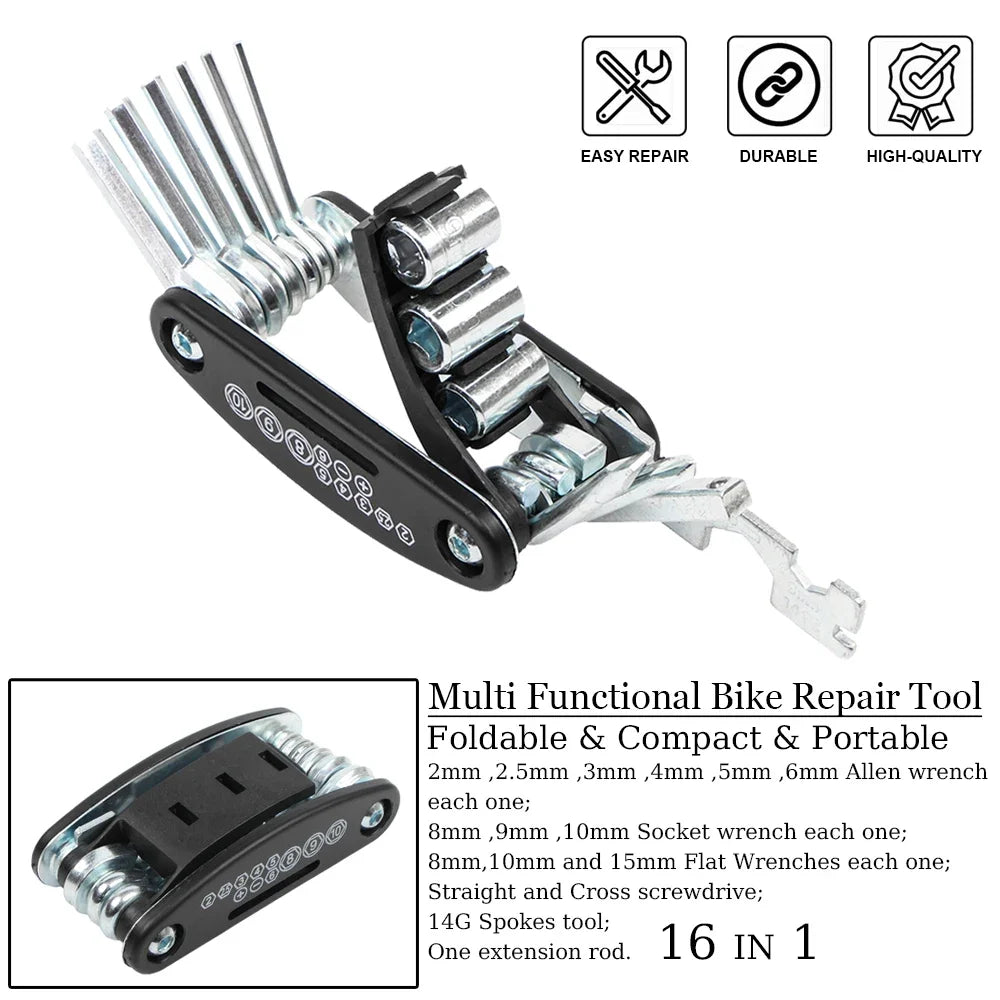 RVICHMOTO 16-in-1 Motorcycle Multi-Tool Kit – Allen + Socket + Flat Wrench + Screwdriver + Spoke Tool + Extension Rod – $20