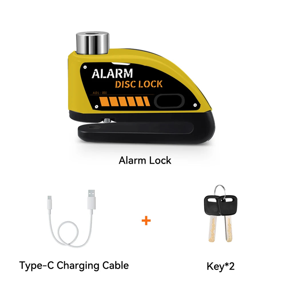 Extractme Motorcycle Alarm Disc Brake Lock 120dB Bicycle Wheel Disk Padlock Security Anti-Theft Lock Scooter – USB-C Rechargeable – 7mm – With or Without Rope – Red Black Blue Green Yellow