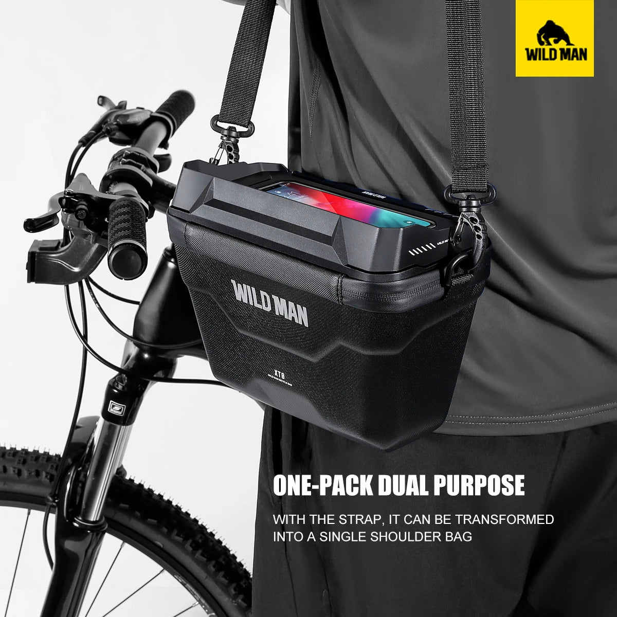 WILD MAN Waterproof Bike Phone Pouch – Touchscreen EVA Hard Shell Handlebar Bag for Bicycles & Electric Scooters