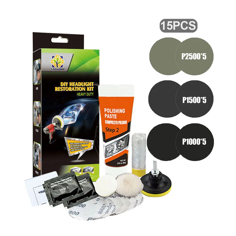 Professional Car & Motorcycle Headlight Restoration Kit – Wet Sand + Polish + UV Protect – Removes Yellowing Scratches – Car / Motorcycle / ATV – 24 Set Options – $40