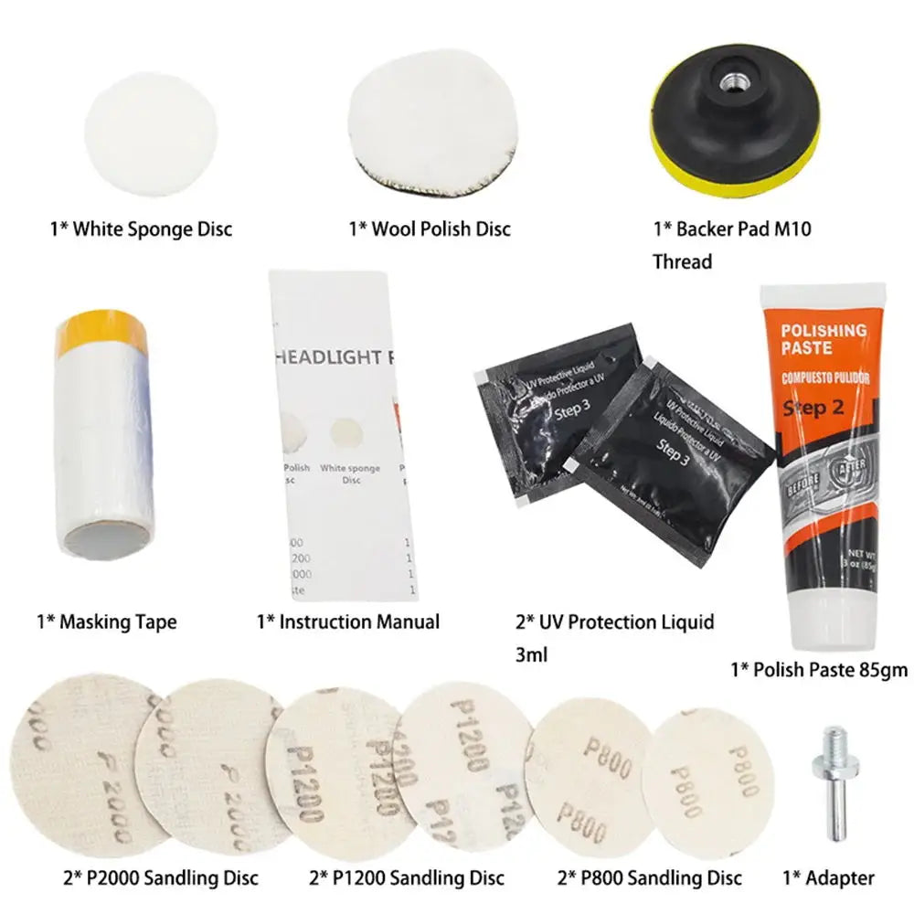 Professional Car & Motorcycle Headlight Restoration Kit – Wet Sand + Polish + UV Protect – Removes Yellowing Scratches – Car / Motorcycle / ATV – 24 Set Options – $40