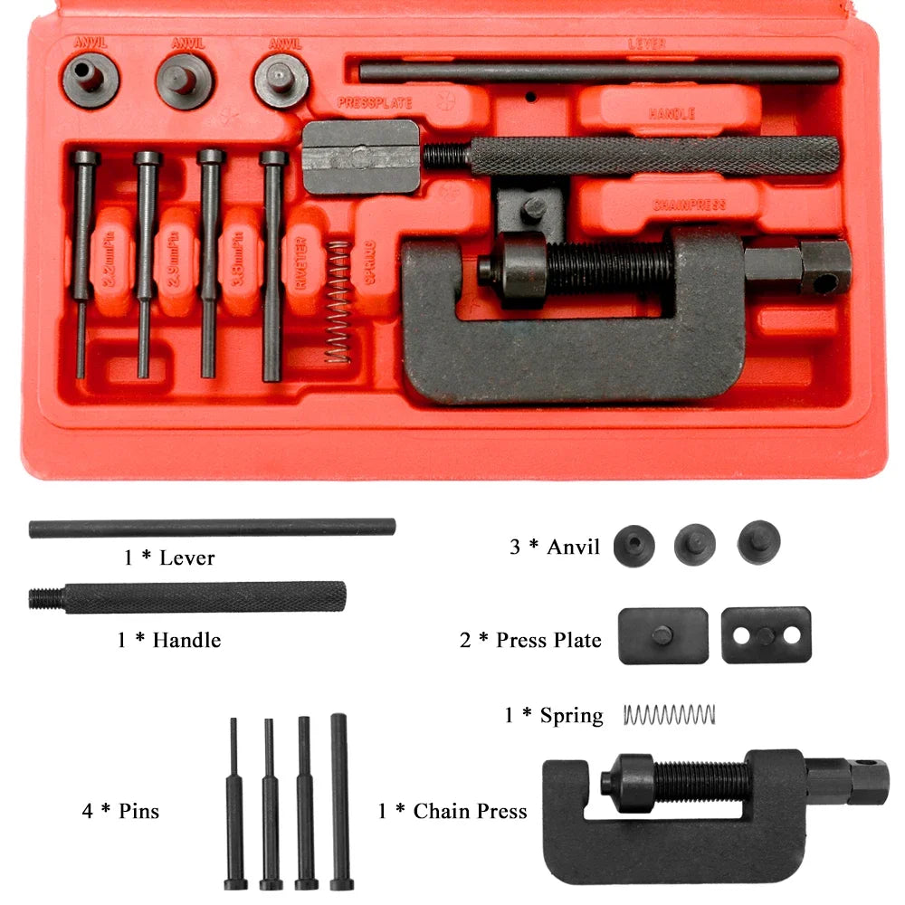 13-Piece Bicycle & Motorcycle Chain Removal & Breaker Tool Kit – Pins 2.2/2.9/3.8mm – Red Box – 780g – $39