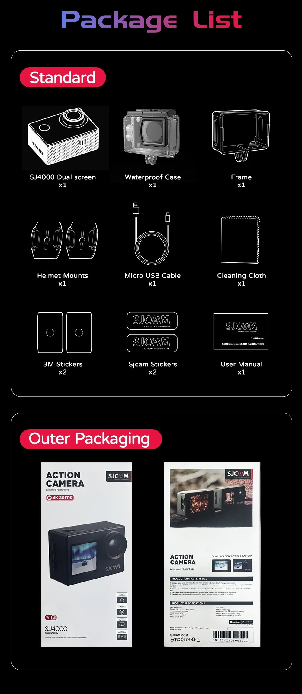 SJCAM SJ4000 Dual Screen 4K 30fps Action Camera 2.0" Rear + 1.3" Front Screen 170° Wide-Angle 30M Waterproof 2.4G WiFi Anti-Shake Car Mode Loop Recording Sports Camera for Motorcycle Bicycle Helmet Diving