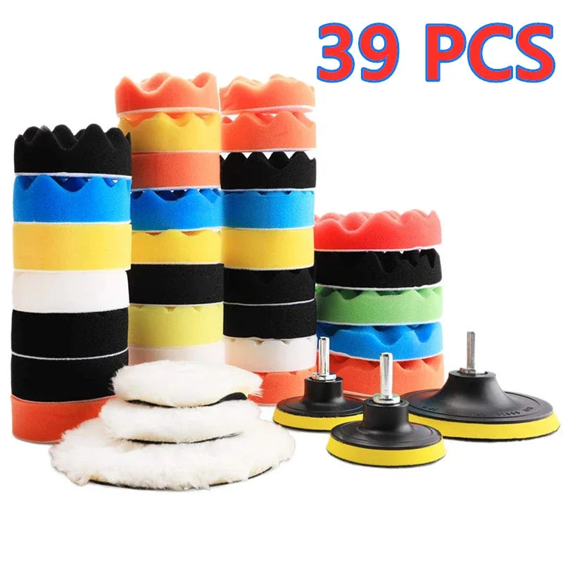 Car & Motorcycle Foam + Wool Polishing Pad Kit – 3" & 5" Sponge Buffer Set – Waxing Polishing Sealing – Drill Compatible – 5 / 11 / 22 / 39 Pcs – $20–30