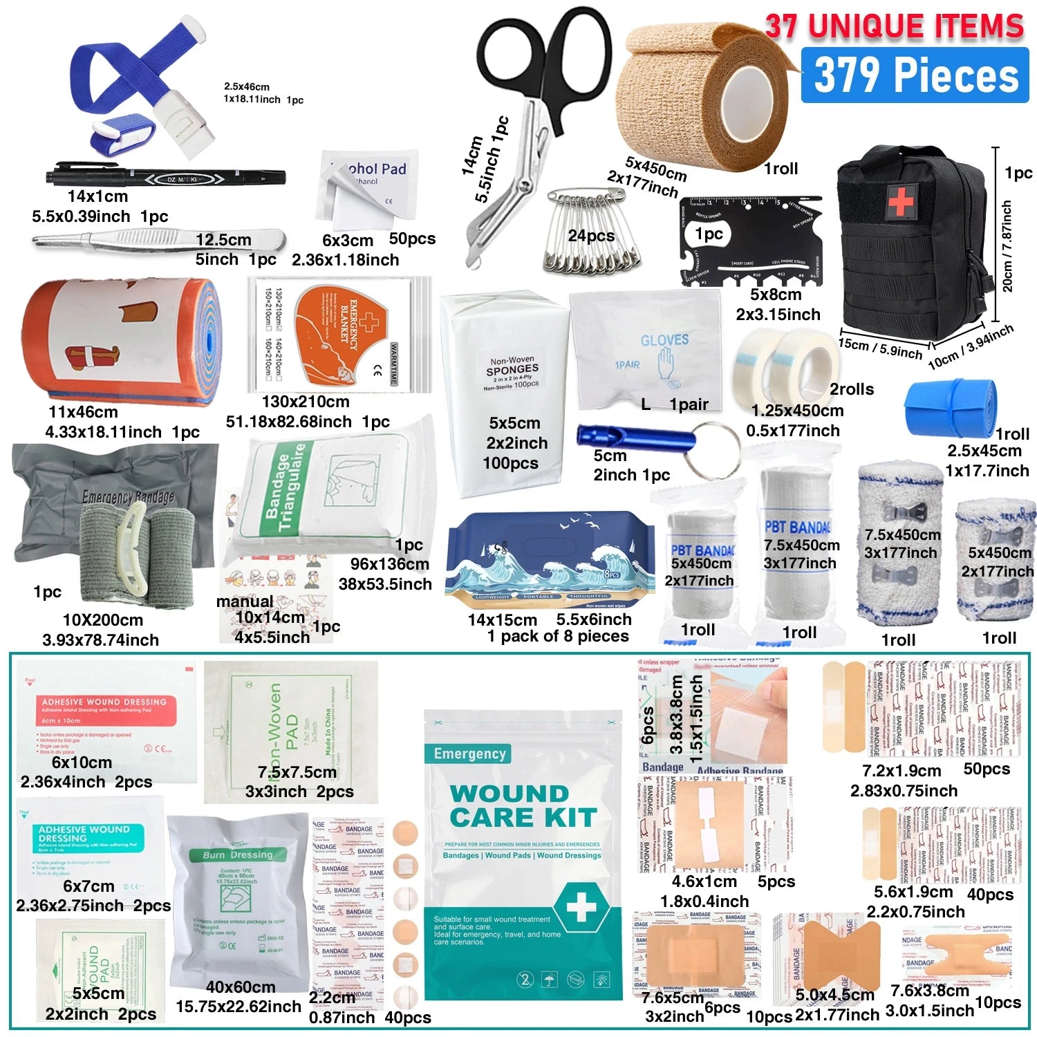 379pcs Home Office First Aid Kit Portable Emergency Bag, Red Survival Carry-On for Outdoor Activities, Camping, Hunting, Hiking