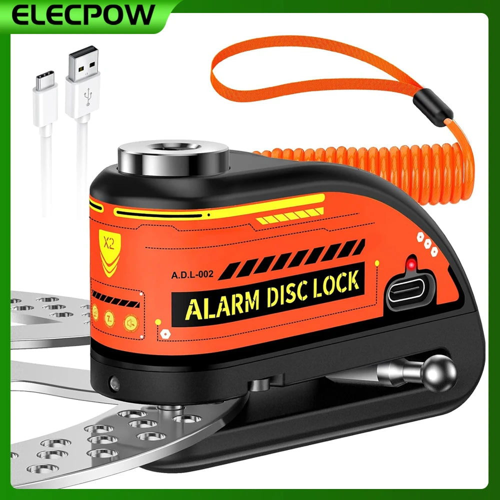 Elecpow Rechargeable Motorcycle Bicycle Scooter Alarm Disc Brake Lock Waterproof Anti-Theft Reminder Cable – 120dB USB-C IP67 7mm 285g CE FCC RoHS – With or Without Rope